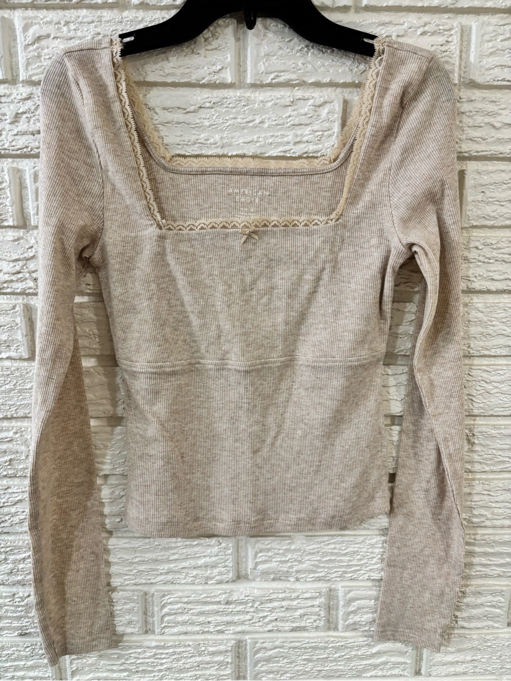 American Eagle Oatmeal Ribbed Knit Square Neck Lace Trim Long Sleeve Top Size M